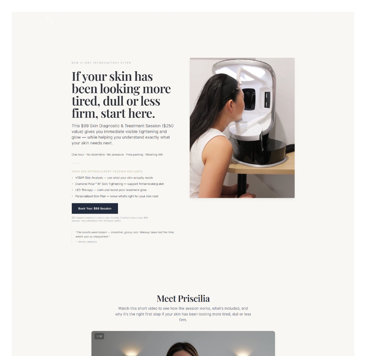 PM Aesthetics Co landing page — designed, built & launched by Mitchell